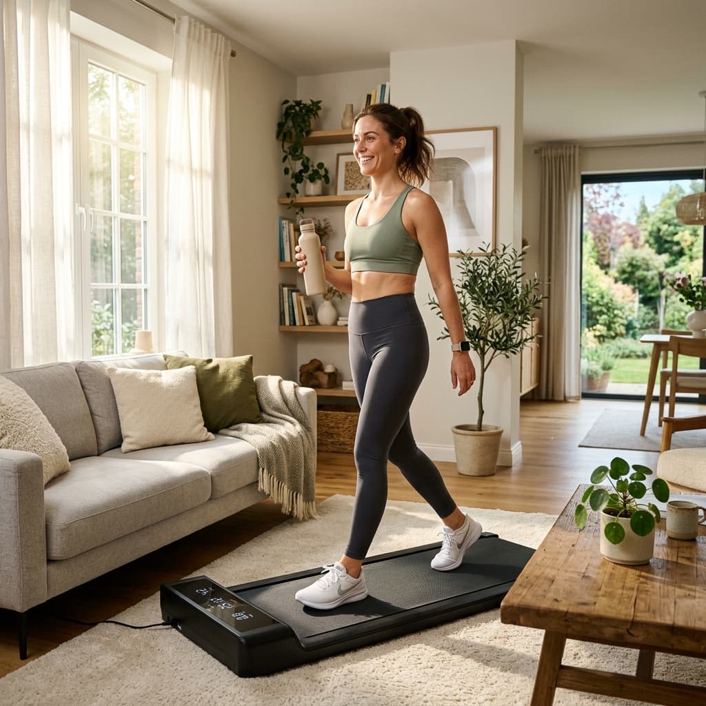 Woman walking on a treadmill at home